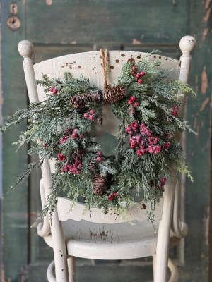 14" Faux Small Iced Red Berries and Mixed Pine Wreath
