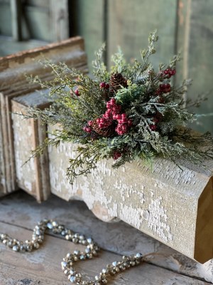 11" Faux Small Iced Red Berries and Mixed Pine Half Orb
