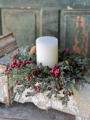 5.5" Opening Faux Small Iced Red Berries and Mixed Pine Candle Ring