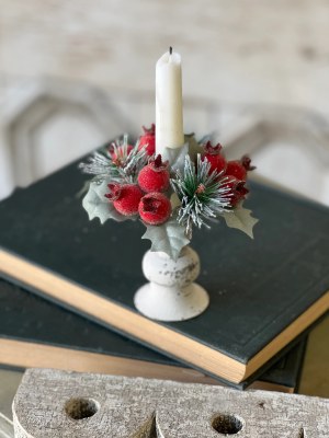 1" Opening Faux Large Iced Red Berries, Pine and Holly Candle Ring