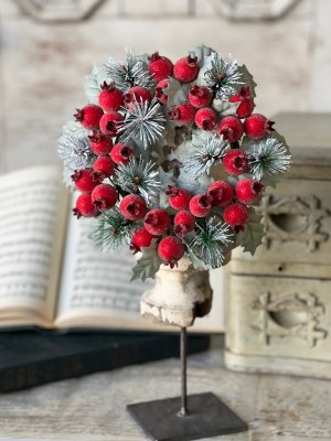 4" Opening Faux Large Iced Red Berries, Pine and Holly Candle Ring