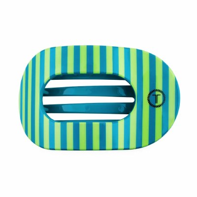 Medium Blue and Green Stripes Flat Round Hair Clip