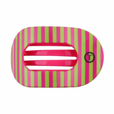 Medium Pink and Green Stripes Flat Round Hair Clip