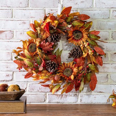 24" Round Faux Fall Leaves, Sunflowers, and Pinecones Wreath