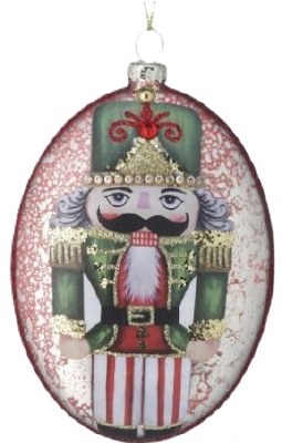 6" Green Nutcracker Glass Oval Disc Christmas Ornament