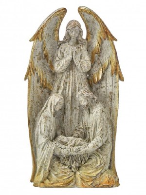 14" Distressed White and Gold Holy Family With an Angel Polyresin Christmas Figurine