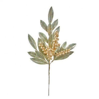 18" Faux Green and Gold Leaves and Berries Spray