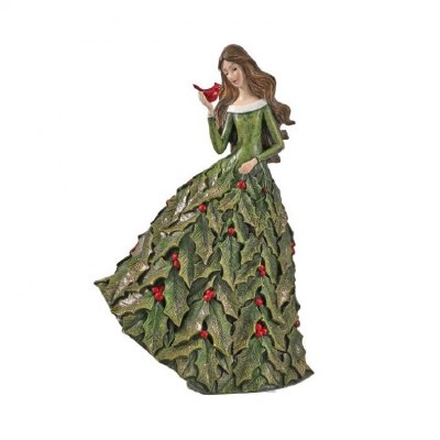 14" Green Lady Wearing a Holly Dress Polyresin Christmas Figurine