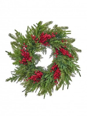 14" Faux Red Berries and Pine Mix Wreath