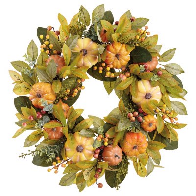 24" Faux Green and Orange Pumpkins and Berries Wreath