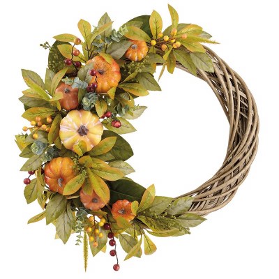 24" Round Faux Green and Orange Pumpkins on a Rattan Wreath