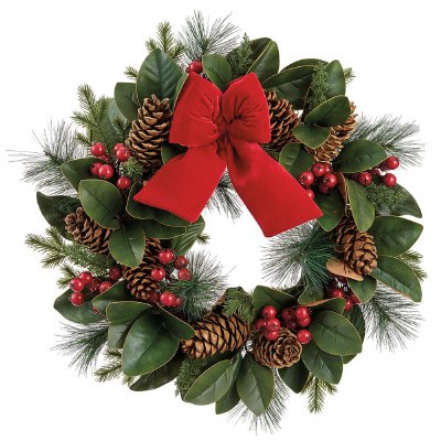 24" Round Faux Pine Cones and Leaves Wreath With a Red Bow