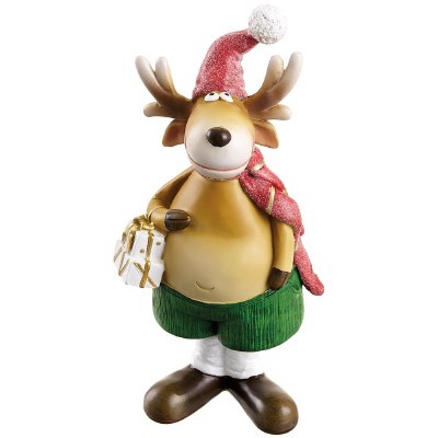9" Red and Green Moose Holding a Present Polyresin Figurine