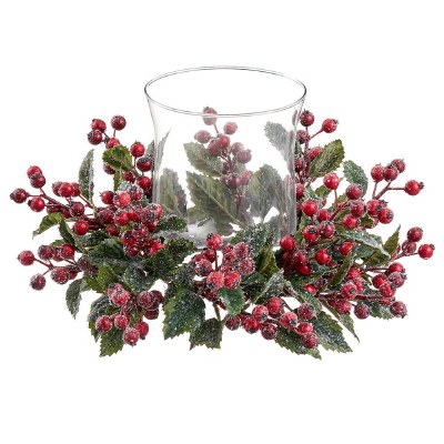 15" Round Faux Iced Red Berry With a Glass Hurricane Centerpiece