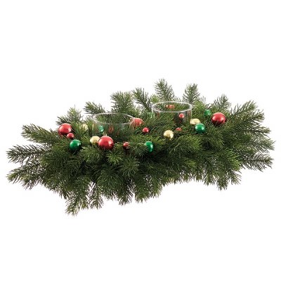 25" Faux Green Pine and Multicolor Ornaments With Two Glass Hurricanes Centerpiece