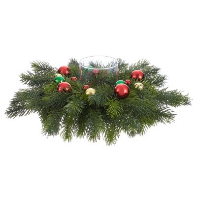 18" Round Faux Green Pine and Multicolor Ornaments With a Glass Hurricane Centerpiece