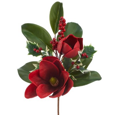 21" Faux Red Magnolia and Holly Spray