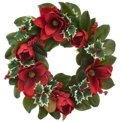 24" Faux Red Magnolia and Holly Wreath