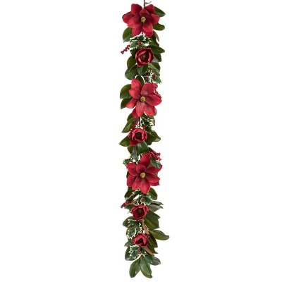 6' Faux Red Magnolia, Red Berries, and Holly Garland