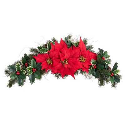 30" Faux Red Poinsettias, Holly, and Pine Swag