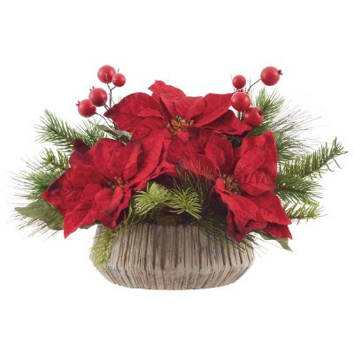 9" Faux Red Poinsettia and Pine in a Brown Pot