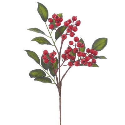 15" Faux Red Berries and Green Leaves Spray