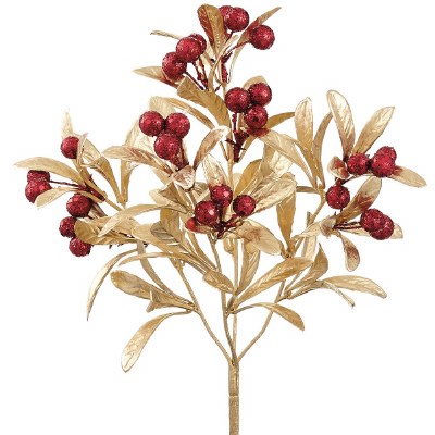 11" Faux Red Berries and Gold Leaves Spray