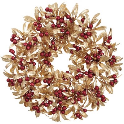 15" Round Faux Red Berries and Gold Leaves Wreath