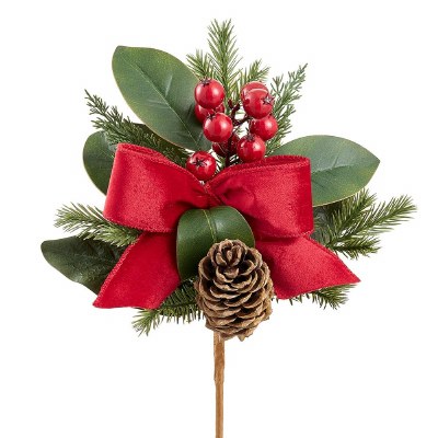 14" Faux Red Berries and Pine With a Red Bow Spray