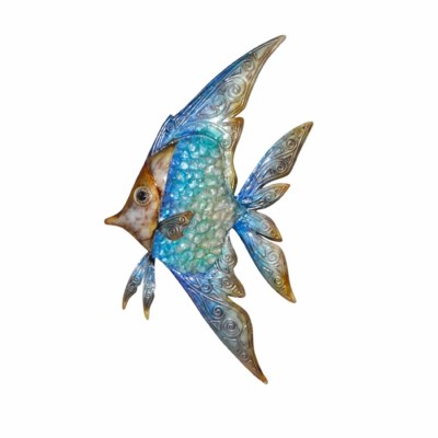 18" Blue and Brown Capiz Banner Fish Coastal Metal Wall Art Plaque