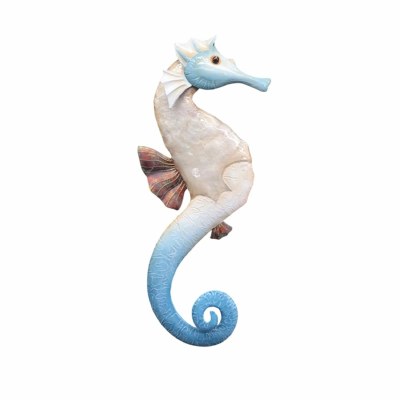 21" White and Blue Capiz Seahorse Coastal Metal Wall Art Plaque
