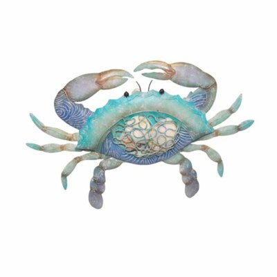 10" Blue Capiz Crab With Seashells Coastal Metal Wall Art Plaque