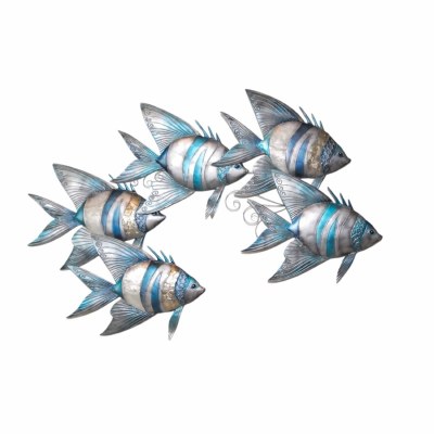 29" Five Blue and White Stripe Capiz Fish Coastal Metal Wall Art Plaque
