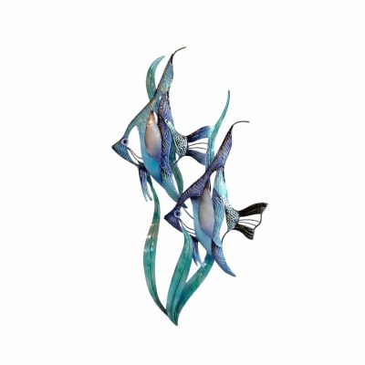 16" Two Blue Capiz Angelfish in the Grass Coastal Metal Wall Art Plaque
