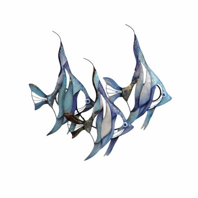 17" Three Blue Capiz Angelfish Coastal Metal Wall Art Plaque