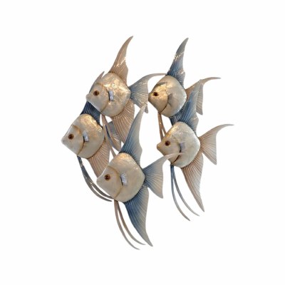 25" Five Gold and Blue Capiz Angelfish Coastal Metal Wall Art Plaque