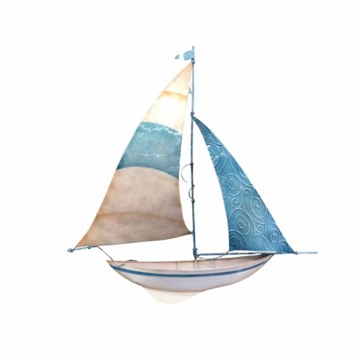 22" Blue and White Capiz Sailboat Coastal Metal Wall Art Plaque