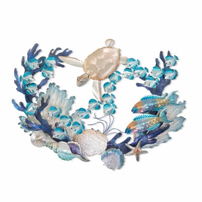 41" Silver and Blue Sea Turtle in the Reef Coastal Metal Wall Art Plaque