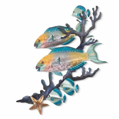 26" Two Multicolored Parrotfish Swimming in Coral Coastal Metal Wall Art Plaque