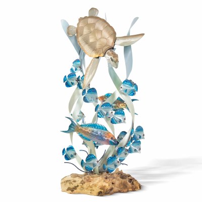 36" Silver and Blue Sea Turtle in a Reef Coastal Metal Sculpture