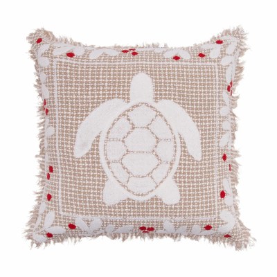 18" Sq Beige and Red Sea Turtle Coastal Christmas Decorative Pillow