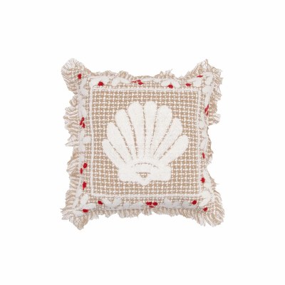 12" Sq Beige and Red Scallop Shell Coastal Christmas Decorative Pillow