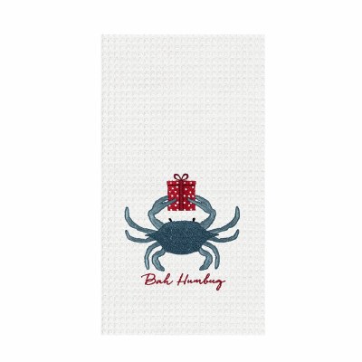 27" x 18" "Bah Humbug" Blue Crab Holding a Present Coastal Christmas Waffle Weave Kitchen Towel