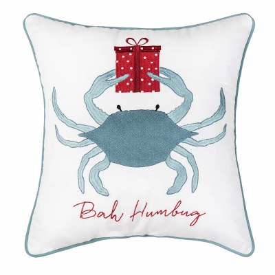 16" Sq "Bah Humbug" Blue Crab Holding a Present Decorative Coastal Christmas Pillow