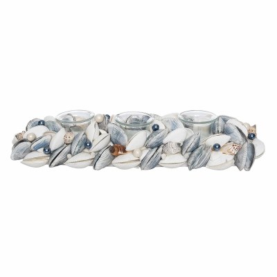 16" Blue and White Seashells Triple Votive Candle Holder