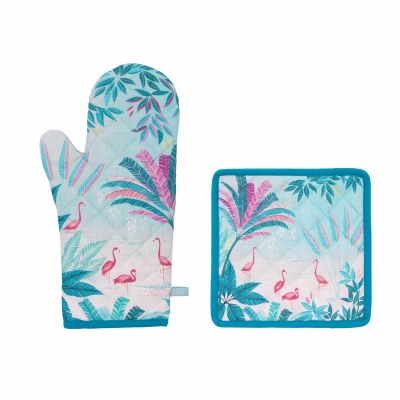 Flamingos and Palms Coastal Oven Mitt and Pot Holder Set