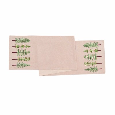14" x 72" Green and Gold Christmas Trees on a Beige Background Table Runner