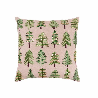 18" Sq Green and Gold Christmas Trees on a Beige Background Decorative Pillow