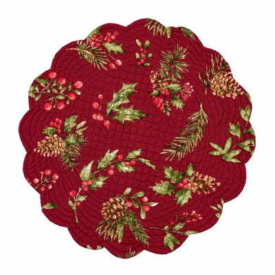 17" Round Holly on a Red Background Christmas Placemat