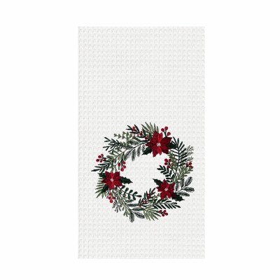 27" x 18" Poinsettia Wreath Chirstmas Waffle Weave Kitchen Towel